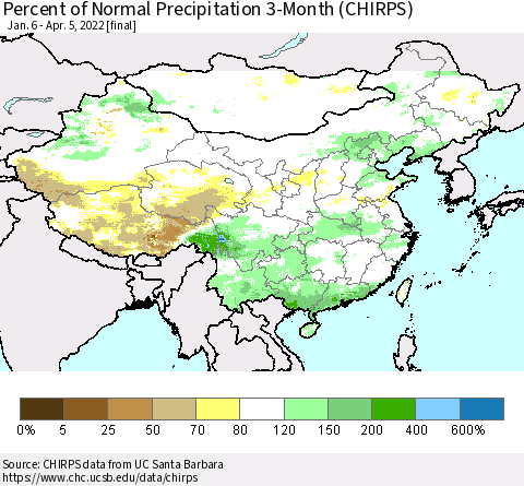 China, Mongolia and Taiwan Percent of Normal Precipitation 3-Month (CHIRPS) Thematic Map For 1/6/2022 - 4/5/2022