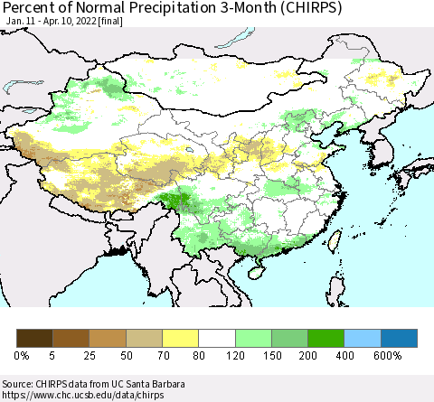 China, Mongolia and Taiwan Percent of Normal Precipitation 3-Month (CHIRPS) Thematic Map For 1/11/2022 - 4/10/2022