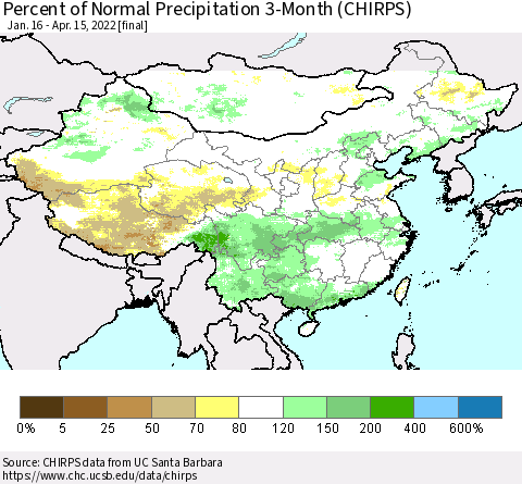 China, Mongolia and Taiwan Percent of Normal Precipitation 3-Month (CHIRPS) Thematic Map For 1/16/2022 - 4/15/2022