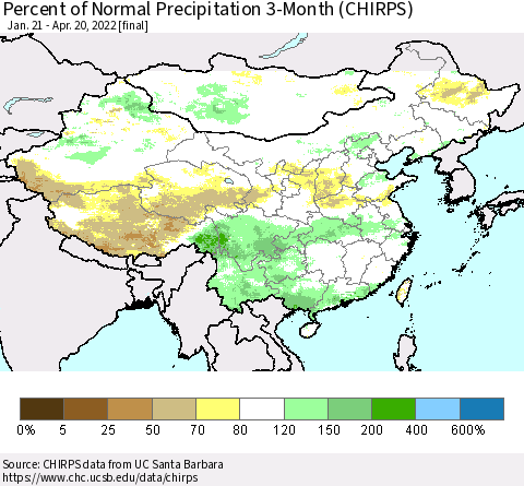 China, Mongolia and Taiwan Percent of Normal Precipitation 3-Month (CHIRPS) Thematic Map For 1/21/2022 - 4/20/2022