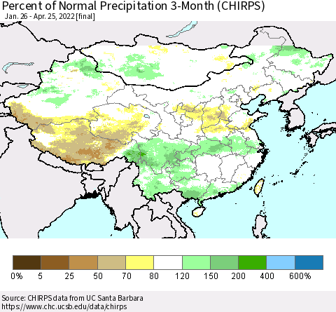 China, Mongolia and Taiwan Percent of Normal Precipitation 3-Month (CHIRPS) Thematic Map For 1/26/2022 - 4/25/2022