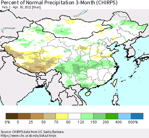 China, Mongolia and Taiwan Percent of Normal Precipitation 3-Month (CHIRPS) Thematic Map For 2/1/2022 - 4/30/2022