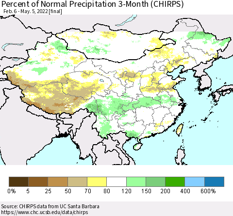 China, Mongolia and Taiwan Percent of Normal Precipitation 3-Month (CHIRPS) Thematic Map For 2/6/2022 - 5/5/2022