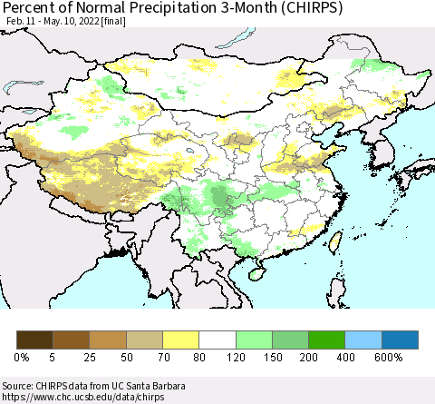 China, Mongolia and Taiwan Percent of Normal Precipitation 3-Month (CHIRPS) Thematic Map For 2/11/2022 - 5/10/2022