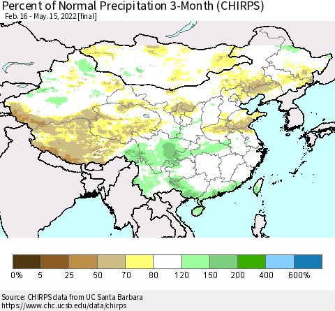 China, Mongolia and Taiwan Percent of Normal Precipitation 3-Month (CHIRPS) Thematic Map For 2/16/2022 - 5/15/2022