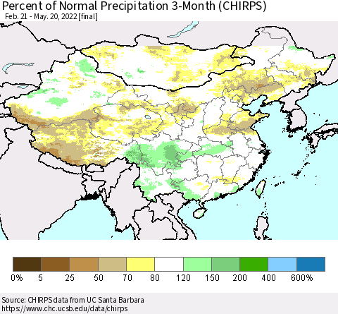 China, Mongolia and Taiwan Percent of Normal Precipitation 3-Month (CHIRPS) Thematic Map For 2/21/2022 - 5/20/2022