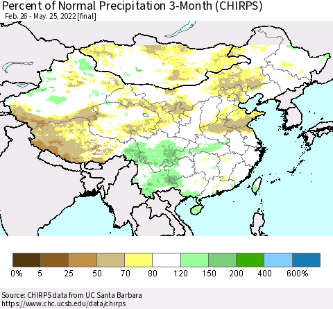 China, Mongolia and Taiwan Percent of Normal Precipitation 3-Month (CHIRPS) Thematic Map For 2/26/2022 - 5/25/2022
