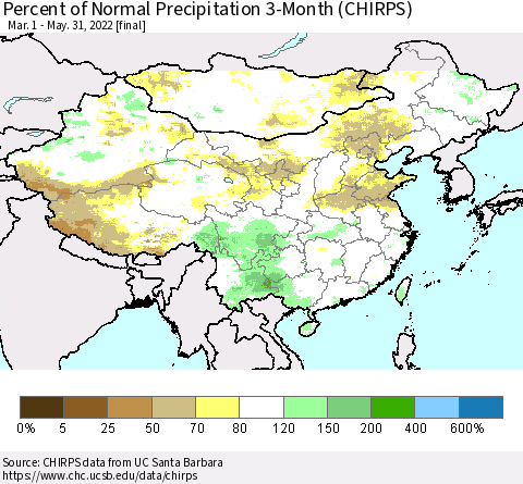 China, Mongolia and Taiwan Percent of Normal Precipitation 3-Month (CHIRPS) Thematic Map For 3/1/2022 - 5/31/2022
