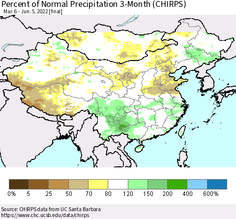 China, Mongolia and Taiwan Percent of Normal Precipitation 3-Month (CHIRPS) Thematic Map For 3/6/2022 - 6/5/2022