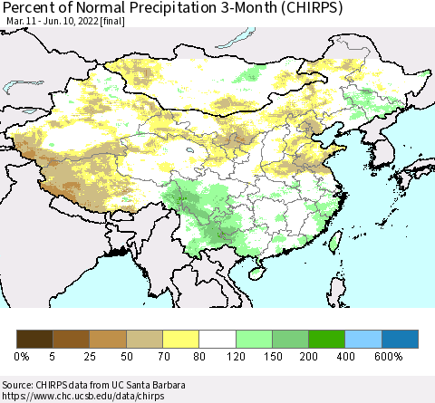 China, Mongolia and Taiwan Percent of Normal Precipitation 3-Month (CHIRPS) Thematic Map For 3/11/2022 - 6/10/2022