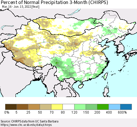 China, Mongolia and Taiwan Percent of Normal Precipitation 3-Month (CHIRPS) Thematic Map For 3/16/2022 - 6/15/2022