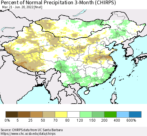 China, Mongolia and Taiwan Percent of Normal Precipitation 3-Month (CHIRPS) Thematic Map For 3/21/2022 - 6/20/2022