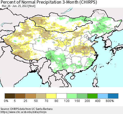 China, Mongolia and Taiwan Percent of Normal Precipitation 3-Month (CHIRPS) Thematic Map For 3/26/2022 - 6/25/2022