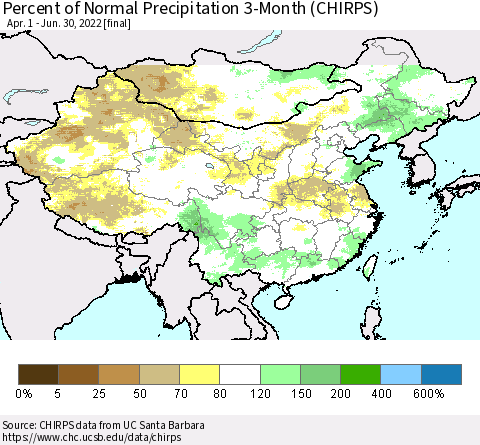 China, Mongolia and Taiwan Percent of Normal Precipitation 3-Month (CHIRPS) Thematic Map For 4/1/2022 - 6/30/2022