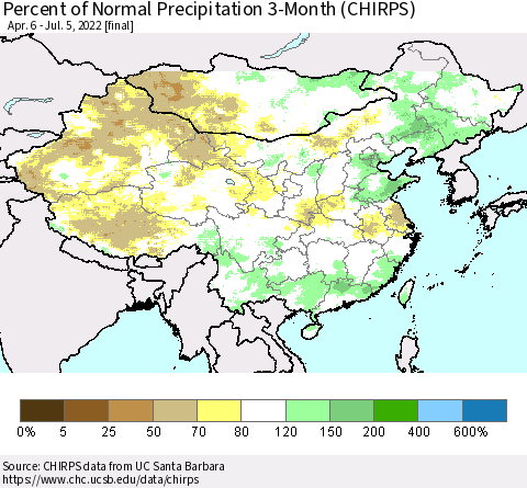 China, Mongolia and Taiwan Percent of Normal Precipitation 3-Month (CHIRPS) Thematic Map For 4/6/2022 - 7/5/2022