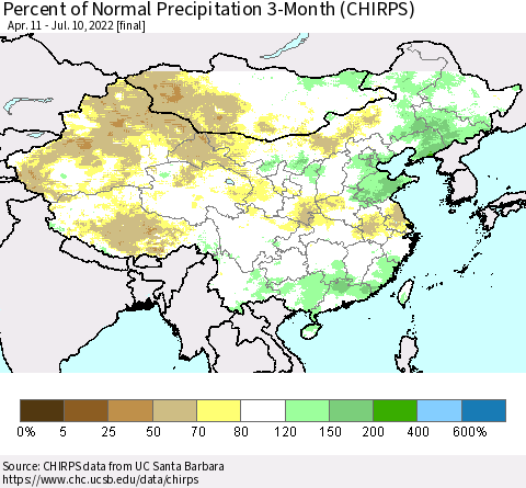 China, Mongolia and Taiwan Percent of Normal Precipitation 3-Month (CHIRPS) Thematic Map For 4/11/2022 - 7/10/2022