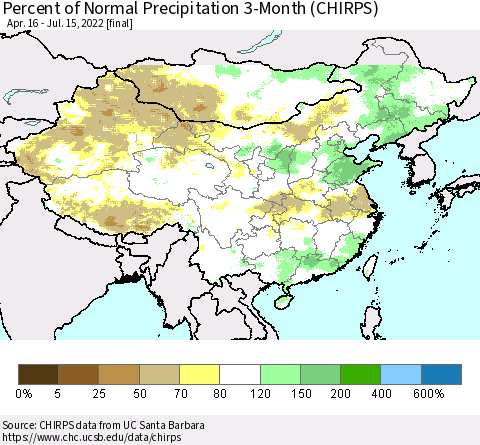 China, Mongolia and Taiwan Percent of Normal Precipitation 3-Month (CHIRPS) Thematic Map For 4/16/2022 - 7/15/2022