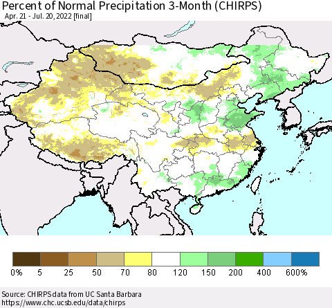 China, Mongolia and Taiwan Percent of Normal Precipitation 3-Month (CHIRPS) Thematic Map For 4/21/2022 - 7/20/2022