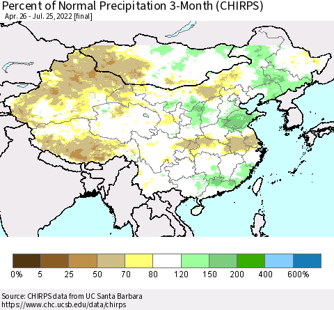 China, Mongolia and Taiwan Percent of Normal Precipitation 3-Month (CHIRPS) Thematic Map For 4/26/2022 - 7/25/2022