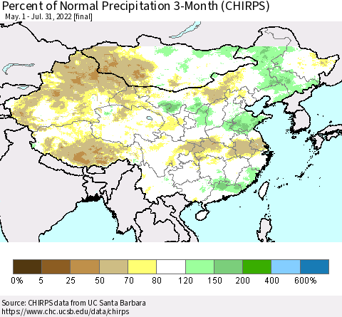 China, Mongolia and Taiwan Percent of Normal Precipitation 3-Month (CHIRPS) Thematic Map For 5/1/2022 - 7/31/2022