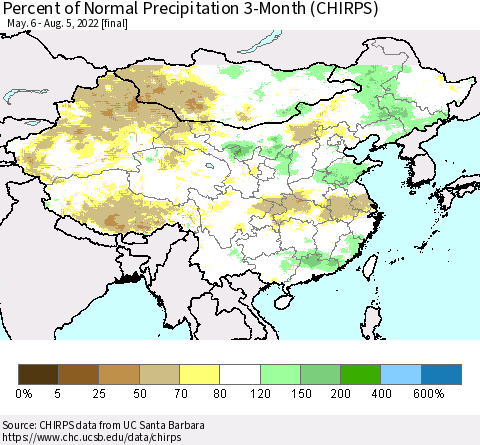 China, Mongolia and Taiwan Percent of Normal Precipitation 3-Month (CHIRPS) Thematic Map For 5/6/2022 - 8/5/2022