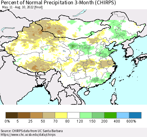 China, Mongolia and Taiwan Percent of Normal Precipitation 3-Month (CHIRPS) Thematic Map For 5/11/2022 - 8/10/2022