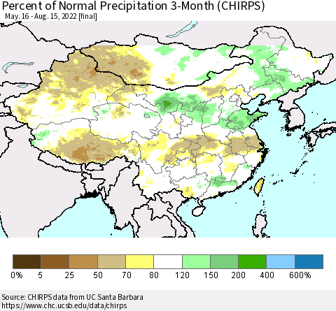 China, Mongolia and Taiwan Percent of Normal Precipitation 3-Month (CHIRPS) Thematic Map For 5/16/2022 - 8/15/2022