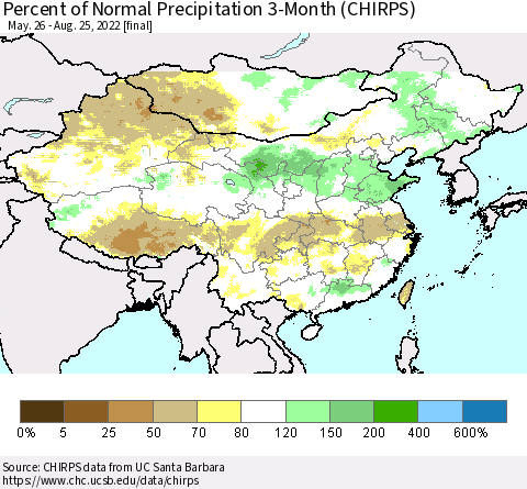 China, Mongolia and Taiwan Percent of Normal Precipitation 3-Month (CHIRPS) Thematic Map For 5/26/2022 - 8/25/2022