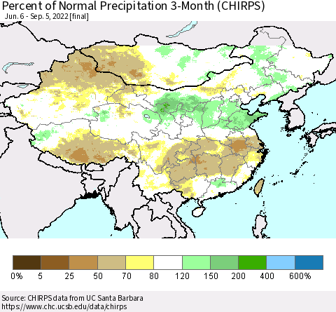 China, Mongolia and Taiwan Percent of Normal Precipitation 3-Month (CHIRPS) Thematic Map For 6/6/2022 - 9/5/2022