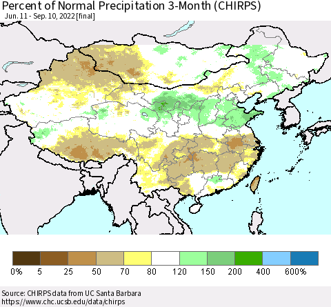 China, Mongolia and Taiwan Percent of Normal Precipitation 3-Month (CHIRPS) Thematic Map For 6/11/2022 - 9/10/2022