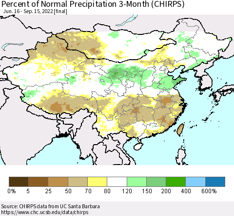 China, Mongolia and Taiwan Percent of Normal Precipitation 3-Month (CHIRPS) Thematic Map For 6/16/2022 - 9/15/2022