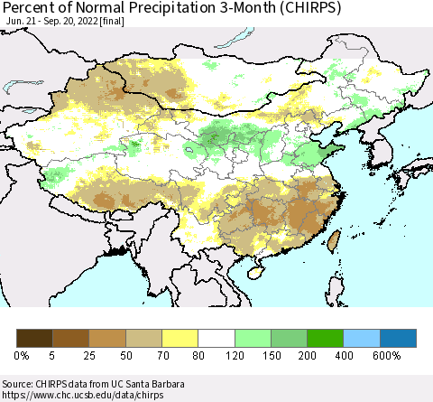 China, Mongolia and Taiwan Percent of Normal Precipitation 3-Month (CHIRPS) Thematic Map For 6/21/2022 - 9/20/2022