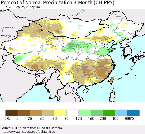 China, Mongolia and Taiwan Percent of Normal Precipitation 3-Month (CHIRPS) Thematic Map For 6/26/2022 - 9/25/2022