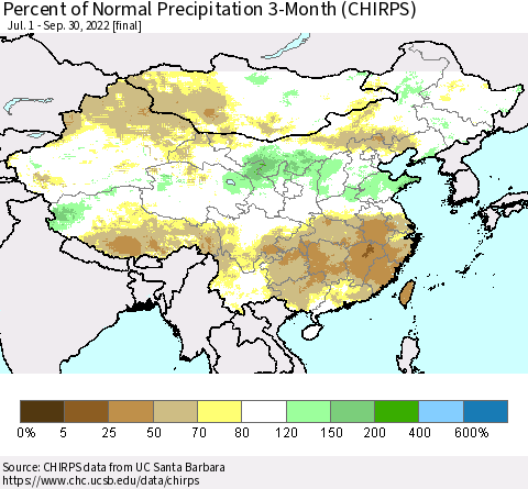 China, Mongolia and Taiwan Percent of Normal Precipitation 3-Month (CHIRPS) Thematic Map For 7/1/2022 - 9/30/2022
