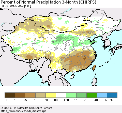 China, Mongolia and Taiwan Percent of Normal Precipitation 3-Month (CHIRPS) Thematic Map For 7/6/2022 - 10/5/2022