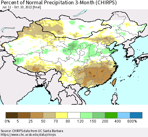 China, Mongolia and Taiwan Percent of Normal Precipitation 3-Month (CHIRPS) Thematic Map For 7/11/2022 - 10/10/2022