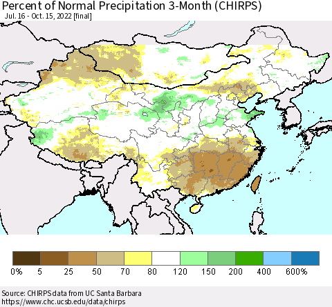 China, Mongolia and Taiwan Percent of Normal Precipitation 3-Month (CHIRPS) Thematic Map For 7/16/2022 - 10/15/2022