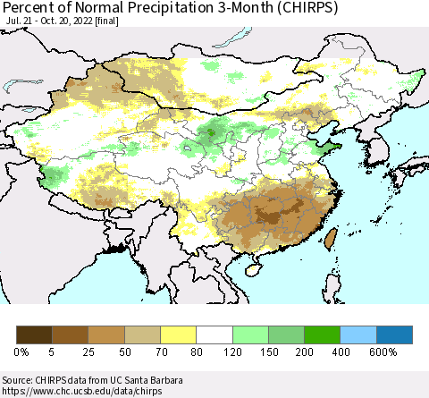 China, Mongolia and Taiwan Percent of Normal Precipitation 3-Month (CHIRPS) Thematic Map For 7/21/2022 - 10/20/2022