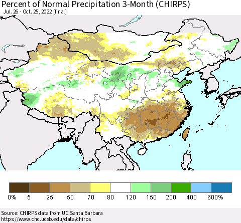 China, Mongolia and Taiwan Percent of Normal Precipitation 3-Month (CHIRPS) Thematic Map For 7/26/2022 - 10/25/2022