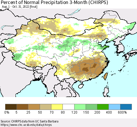 China, Mongolia and Taiwan Percent of Normal Precipitation 3-Month (CHIRPS) Thematic Map For 8/1/2022 - 10/31/2022