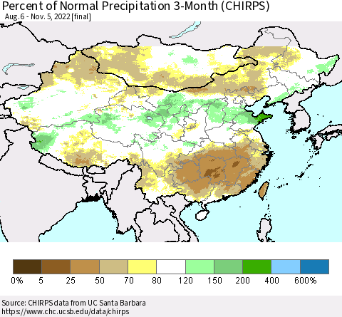 China, Mongolia and Taiwan Percent of Normal Precipitation 3-Month (CHIRPS) Thematic Map For 8/6/2022 - 11/5/2022