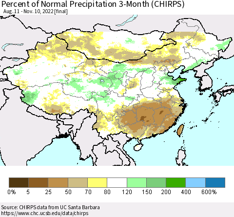 China, Mongolia and Taiwan Percent of Normal Precipitation 3-Month (CHIRPS) Thematic Map For 8/11/2022 - 11/10/2022