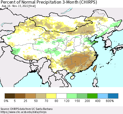 China, Mongolia and Taiwan Percent of Normal Precipitation 3-Month (CHIRPS) Thematic Map For 8/16/2022 - 11/15/2022