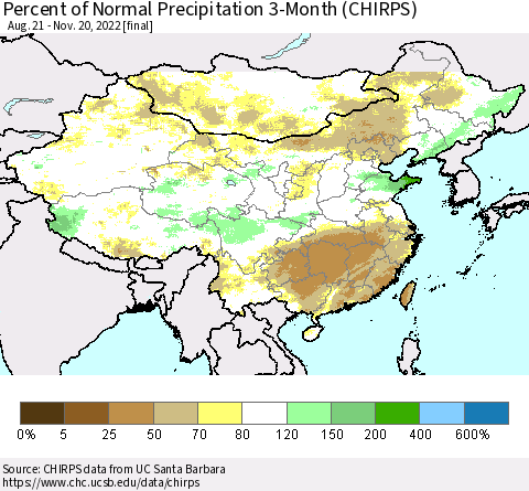 China, Mongolia and Taiwan Percent of Normal Precipitation 3-Month (CHIRPS) Thematic Map For 8/21/2022 - 11/20/2022