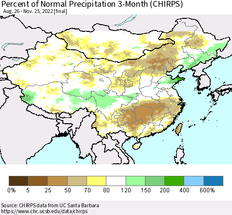 China, Mongolia and Taiwan Percent of Normal Precipitation 3-Month (CHIRPS) Thematic Map For 8/26/2022 - 11/25/2022