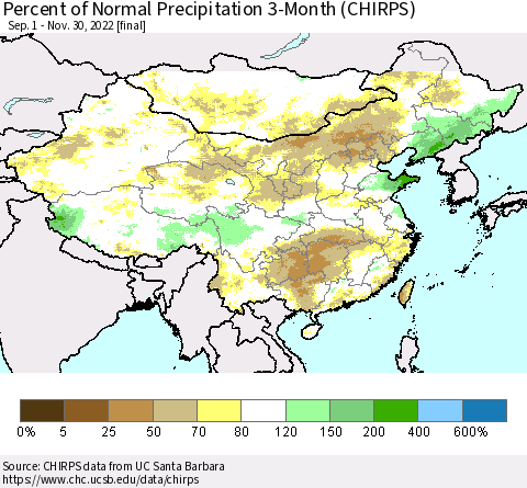 China, Mongolia and Taiwan Percent of Normal Precipitation 3-Month (CHIRPS) Thematic Map For 9/1/2022 - 11/30/2022