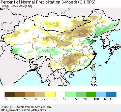 China, Mongolia and Taiwan Percent of Normal Precipitation 3-Month (CHIRPS) Thematic Map For 9/6/2022 - 12/5/2022