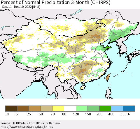 China, Mongolia and Taiwan Percent of Normal Precipitation 3-Month (CHIRPS) Thematic Map For 9/11/2022 - 12/10/2022