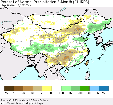 China, Mongolia and Taiwan Percent of Normal Precipitation 3-Month (CHIRPS) Thematic Map For 9/16/2022 - 12/15/2022