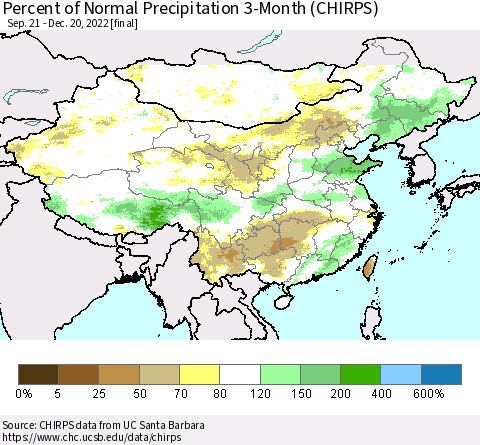 China, Mongolia and Taiwan Percent of Normal Precipitation 3-Month (CHIRPS) Thematic Map For 9/21/2022 - 12/20/2022